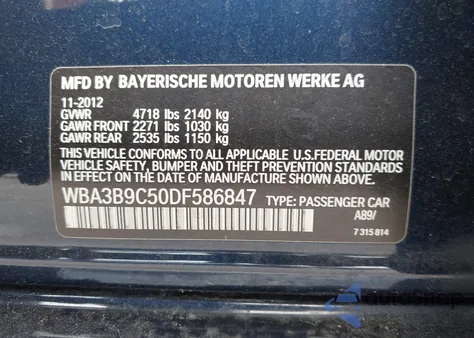 2013 BMW 335I xDrive z USA, uszkodzony, nr VIN WBA3B9C50DF586847